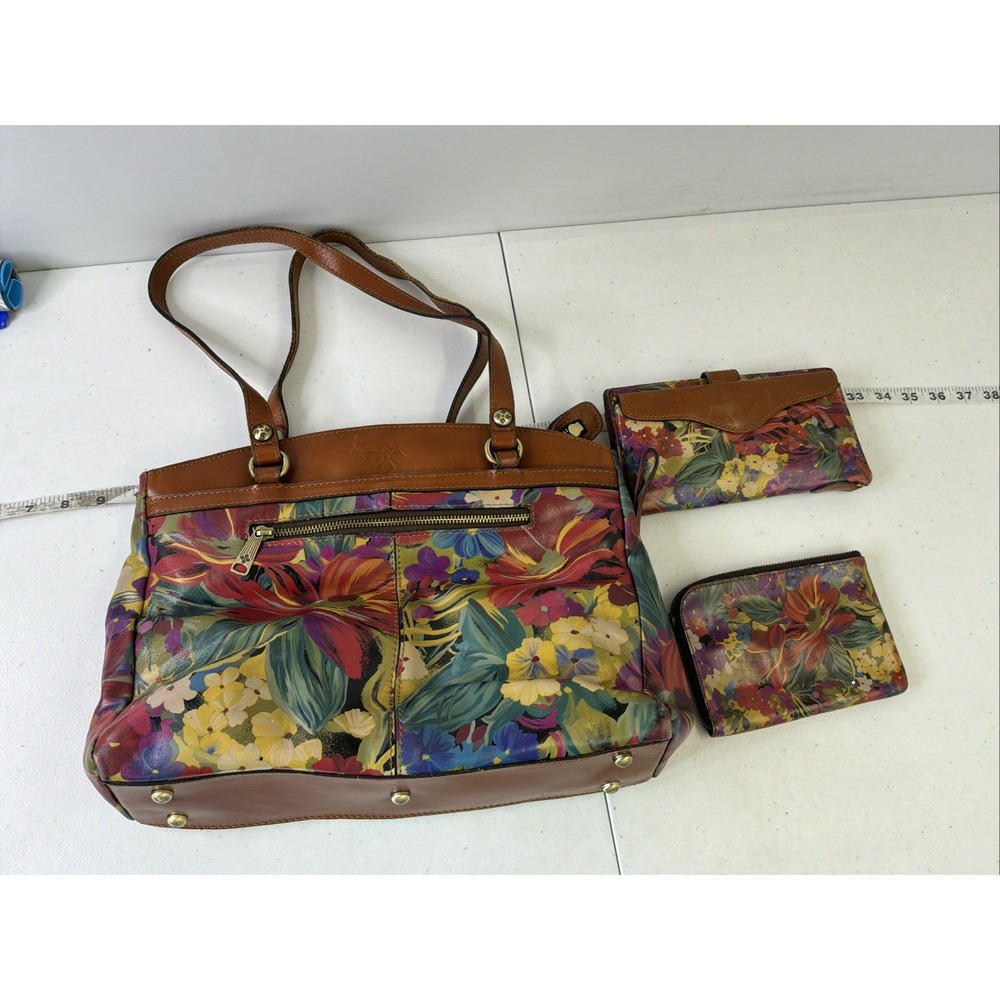 Patricia Nash 3 Pc Set Purse Floral Leather Wallets Poppy Spring Bag Tote Rare